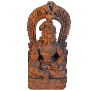 Hand-carved Wooden Statue Depicts Goddess Lakshmi Hindu Deity 8.5"